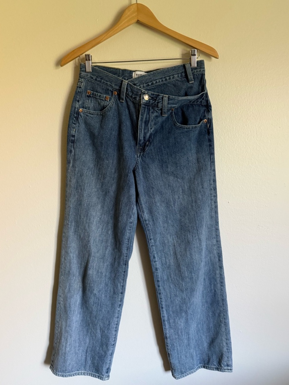 Pistola Bobbie Crossover Waist Jeans Wide Straight Leg Size 27 Ombre Fade Denim - Picture 3 of 8